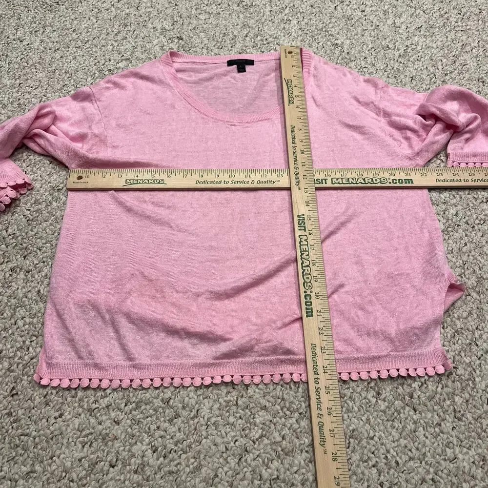 J Crew Linen Sweater Pom Pom Trim Pink L Feminine Lagenlook Coastal Classic